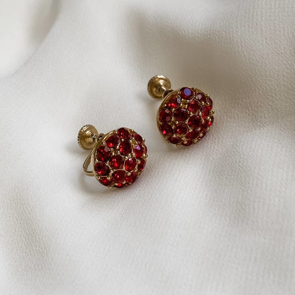 VTG Gold Red Jewel Clustered Round Earrings
